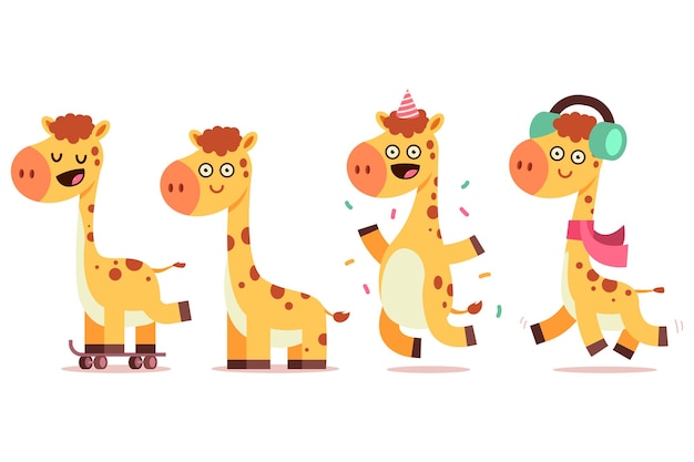 Vector cute baby giraffe vector cartoon funny characters set isolated on a white background.