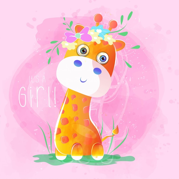 Vector cute baby giraffe with flowers