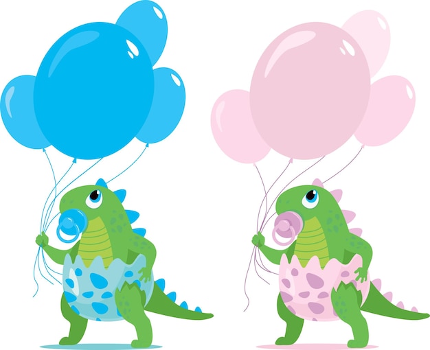 Cute baby girl and boy dinosaur characters holding balloons for baby shower and gender reveal party