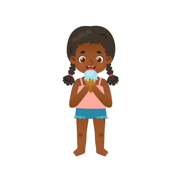 ベクトル 夏休みにアイスクリームコーンを食べるかわいい女の赤ちゃん 愛らしいアフリカ系アメリカ人の女の子がアイスクリームをなめる