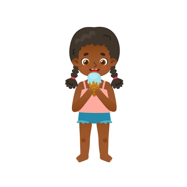 Vector cute baby girl eating ice cream cone on summer vacations adorable african american girl licks ice cream