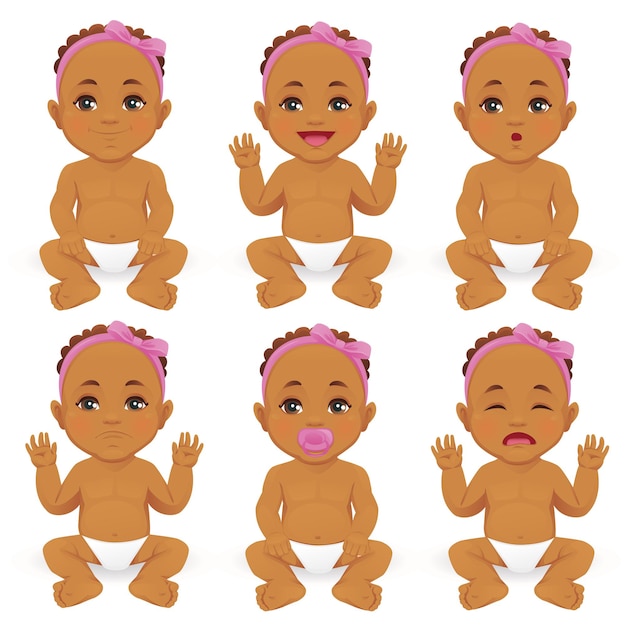 Vector cute baby girl emotions set vector illustration