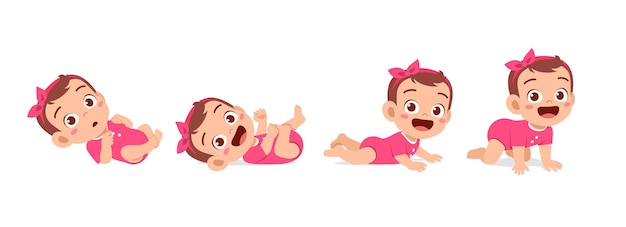 Vector cute baby girl in growth cycle progress set