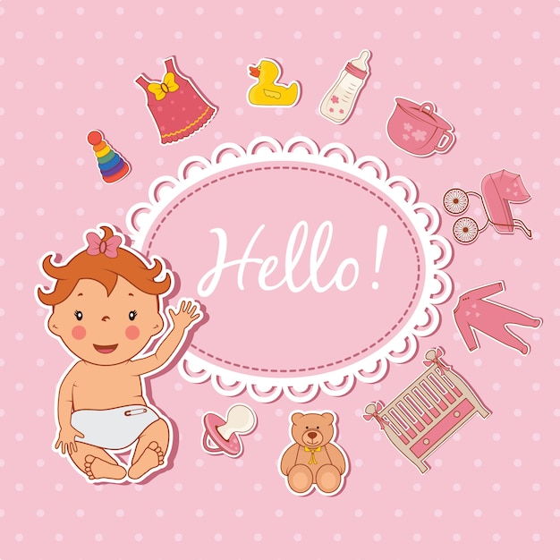 Vector cute baby girl hello card