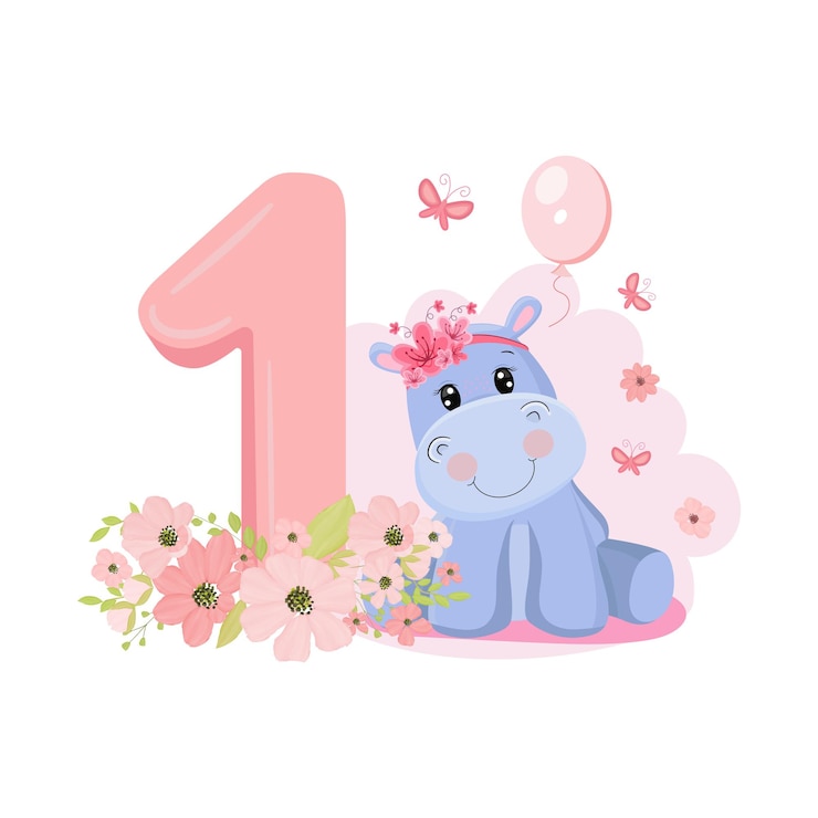 Vector cute baby girl hippo birthday invitation 1 year 1 month happy birthday