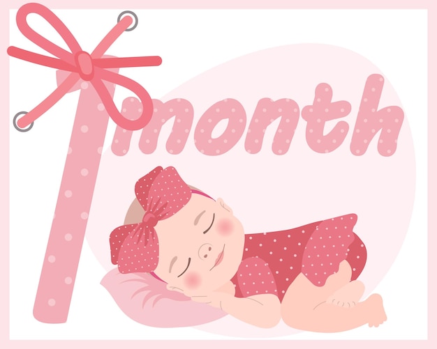 Cute baby girl in a pink dress with a bow, card for kids birthday. Illustration, print, vector
