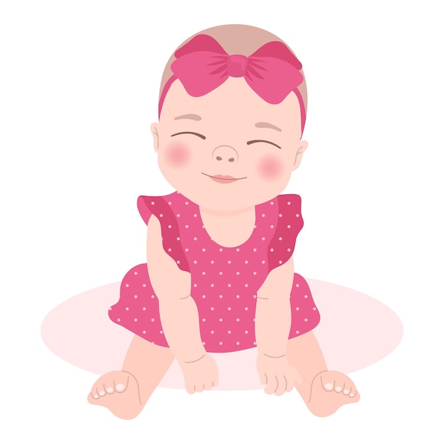 Cute baby girl in a pink dress with a bow, newborn baby girl. Children's card, print, vector