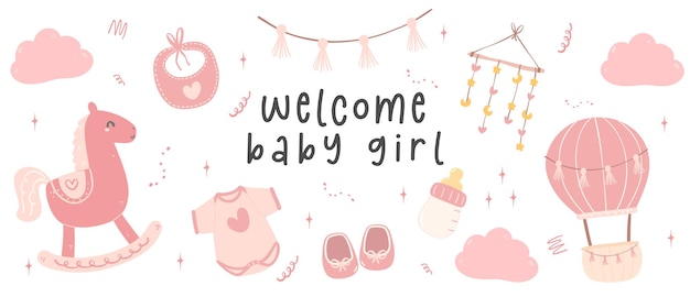 Cute Baby Girl Shower in pink Welcome baby girl with adorable newborn accessories cartoon