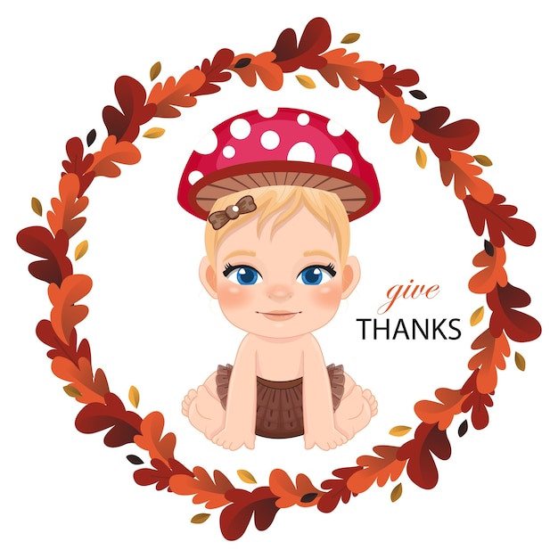 Cute baby girl sitting in colorful flat style with wreath from autumn leaves Baby shower concept in Autumn season vector