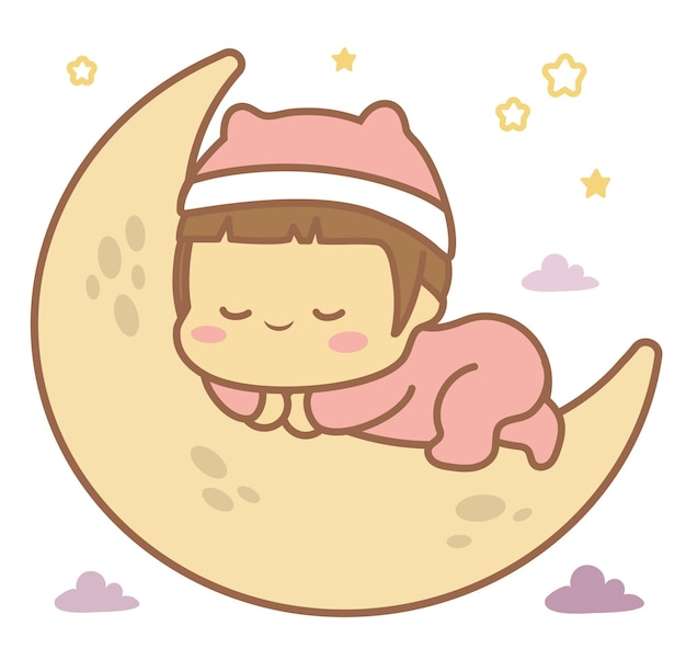 Vector cute baby girl sleeping at moon vector chibi pastel drawing