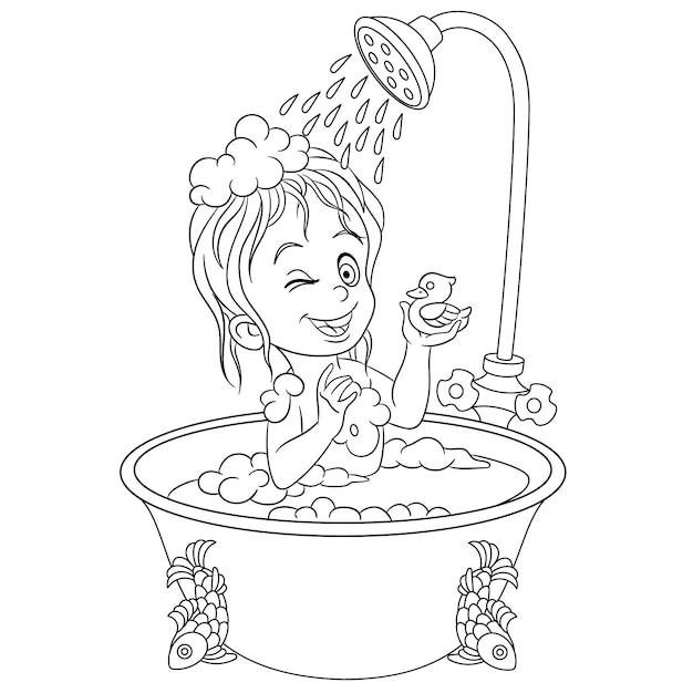 ゴム製のアヒルと一緒にシャワーを浴びているかわいい女の子。子供のための漫画の塗り絵ページ。