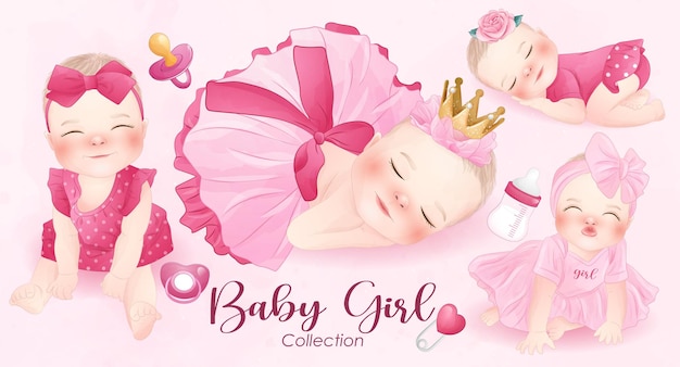 Cute baby girl in watercolor style collection
