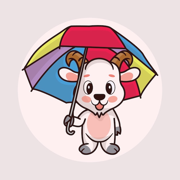 Cute baby goat cartoon holding an umbrella