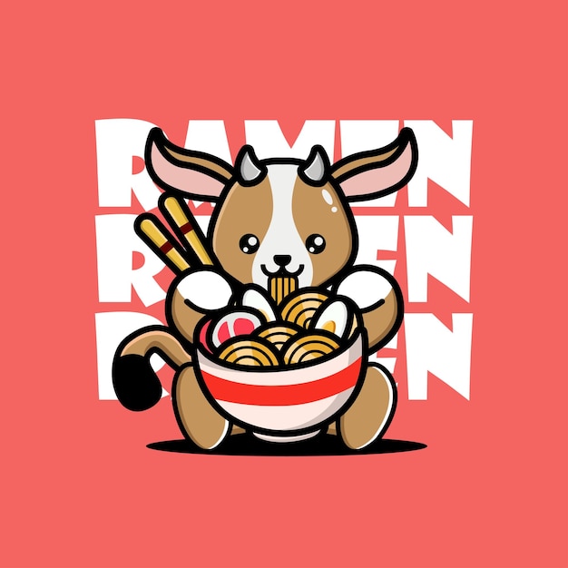 Vector cute baby goat eating ramen noodles