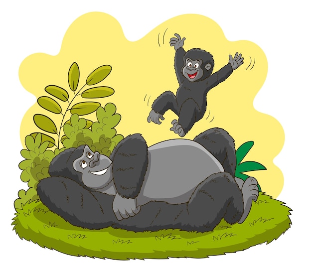 cute baby gorilla playing with his father.gorilla family having a happy day isolated vector illu