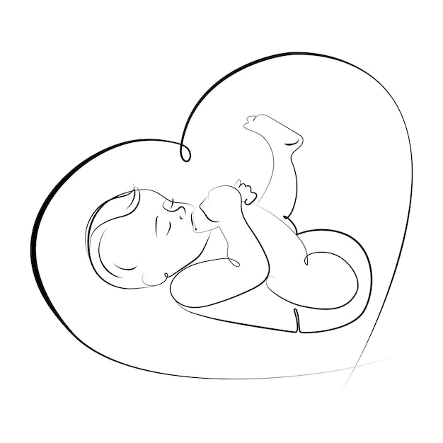 Cute baby in a heart line art drawing minimalist template for logossigns icons vector