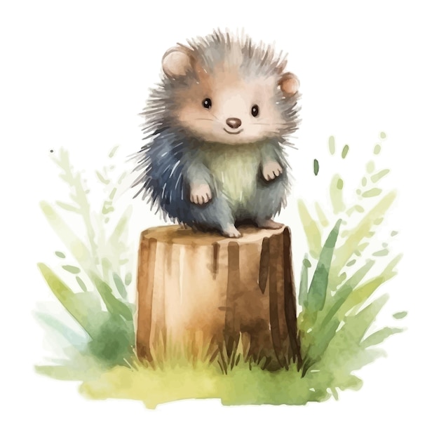 Cute baby hedgehog cartoon on tree stump with watercolor painting style