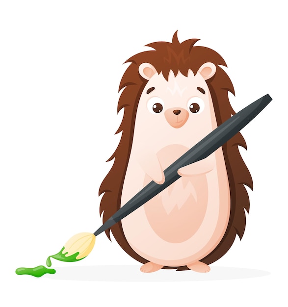 Cute baby hedgehog with paint brush vector isolated cartoon illustration back to school design element