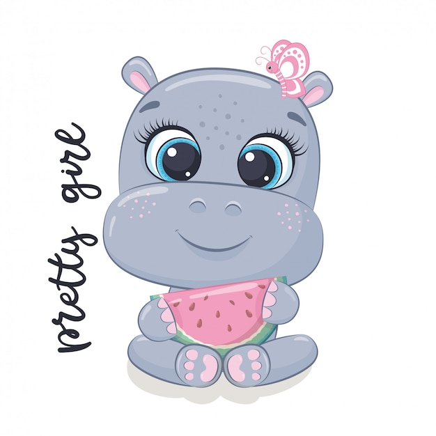 Vector cute baby hippo illustration.