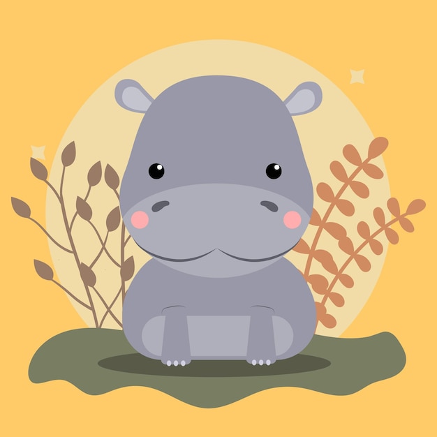 Vector cute baby hippo on leaves background illustration