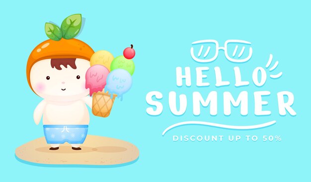 Cute baby holding ice cream with summer greeting banner  