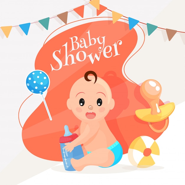 Cute baby holding milk bottle with balloon, pacifier and ball fo