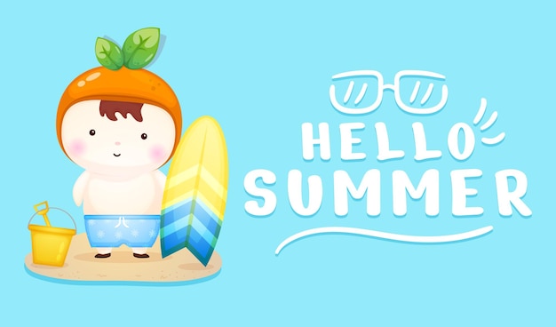 Cute baby holding surfboard with summer greeting banner  