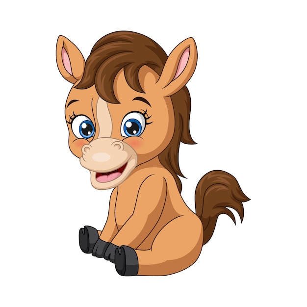 Cute baby horse cartoon smiling and sitting down on white background