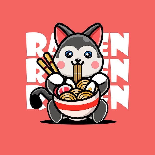 Vector cute baby husky eating ramen noodles