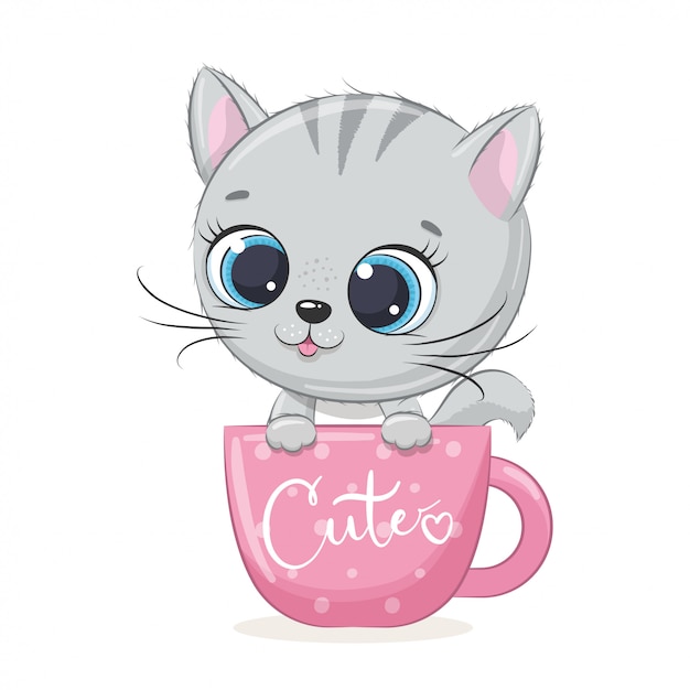 Cute baby kitten in cup. illustration