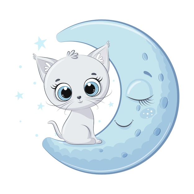 Cute baby kitten is sitting on the moon