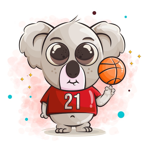 Cute baby koala cartoon character and basketball  illustration