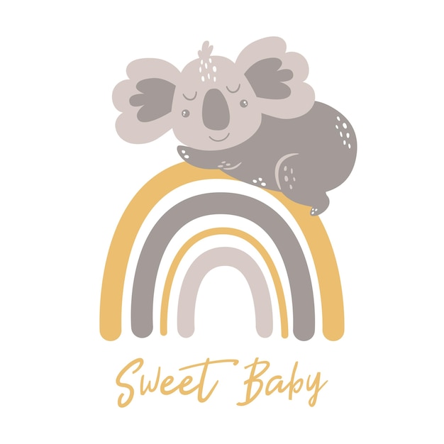 Cute baby koala sleep on rainbow baby animal scandinavian koala bear childish funny character vector koala