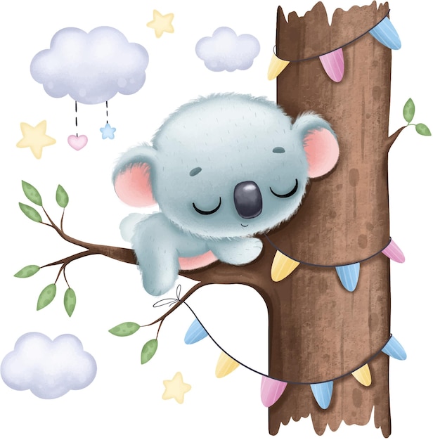 Vector cute baby koala sleeps on a tree