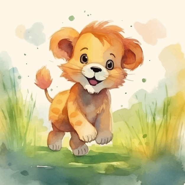 Vector cute baby lion cartoon in watercolor style