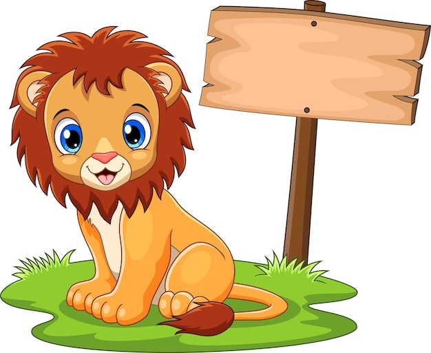 Cute baby lion sitting in front of a blank board