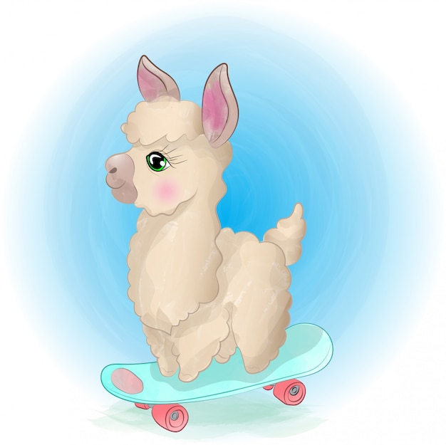 Vector cute baby llama watercolor drawing