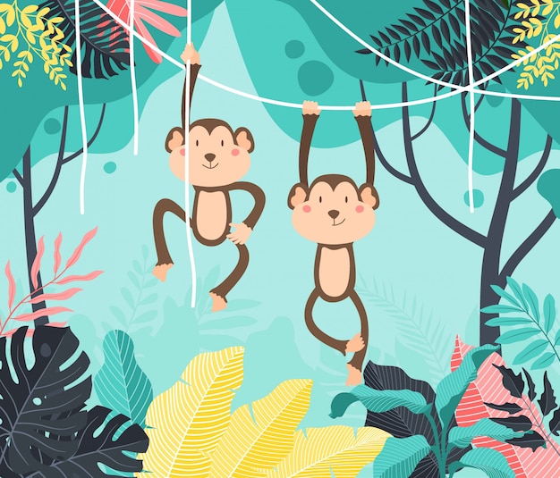 Vector cute baby monkey hanging on tree. cute monkey swinging from vines, lianes.