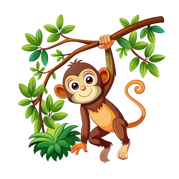 Vector cute baby monkey hanging on tree