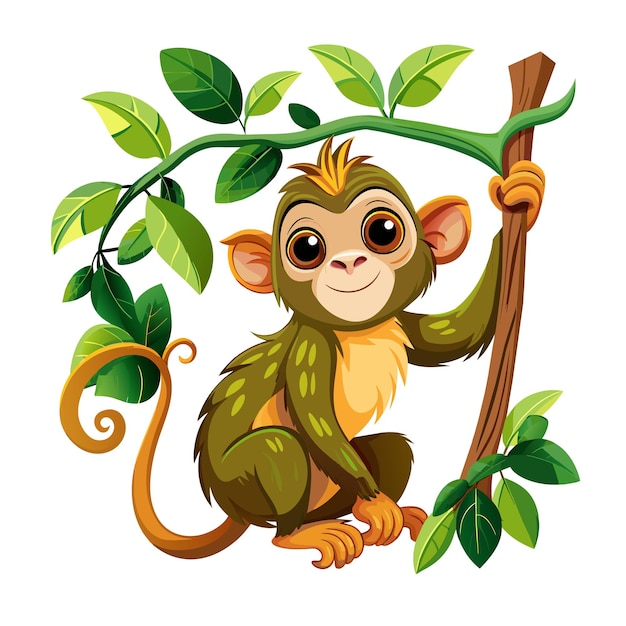 Vector cute baby monkey hanging on tree