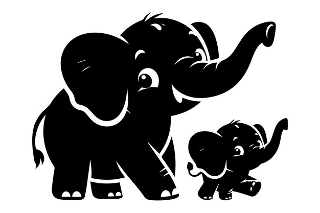 Vector cute baby and mother elephant cartoon character silhouette clip art vector illustration