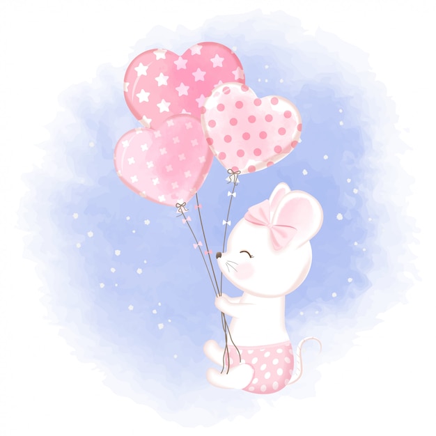 Cute baby mouse with balloon illustration