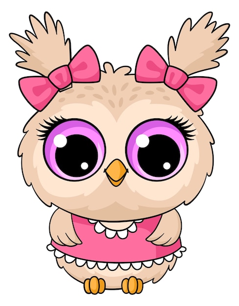 Cute baby owl in girly pink clothes Funny cartoon character