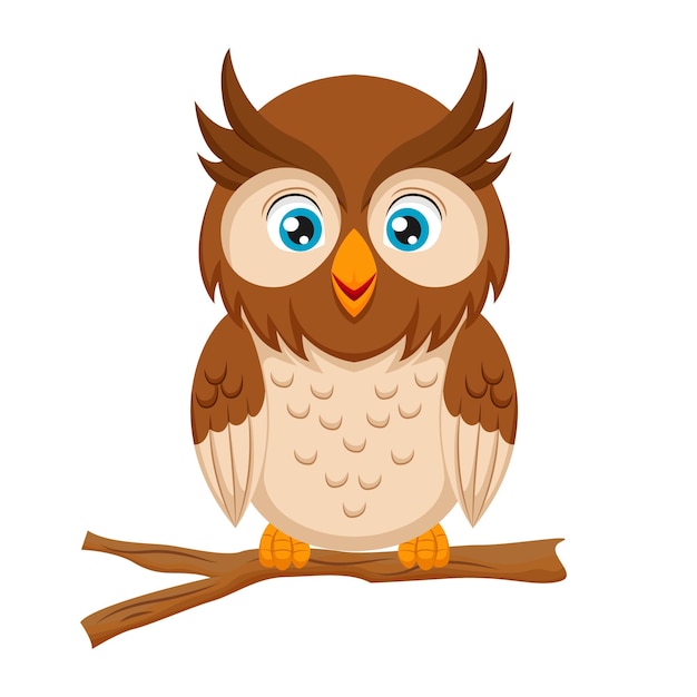 Vector cute baby owl on tree branch