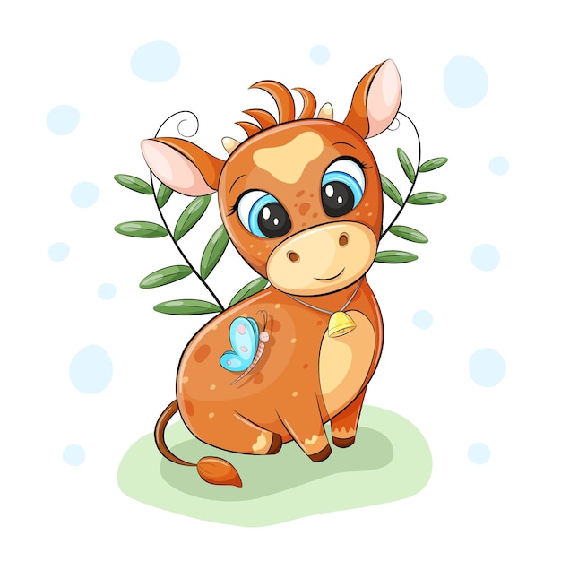 Cute baby ox with a bell sitting on a grass