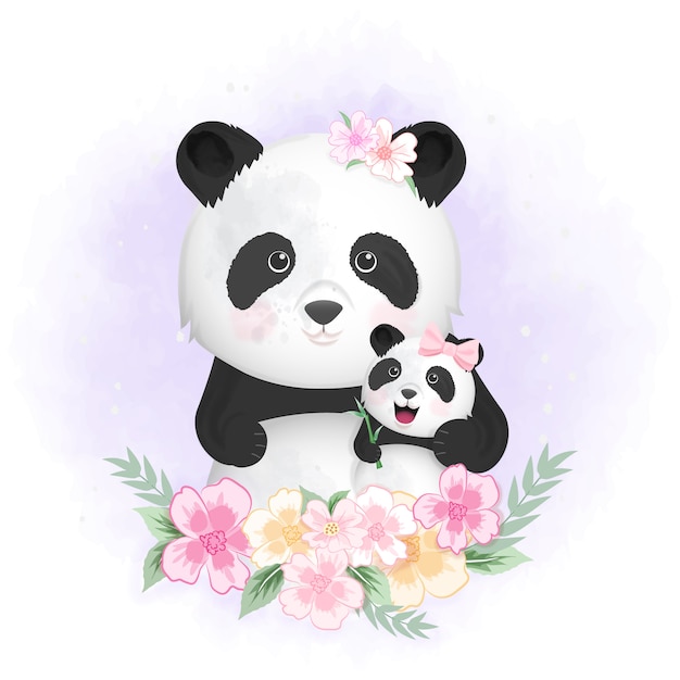 かわいい赤ちゃんパンダとママの手描きイラスト プレミアムベクター かわいい赤ちゃんパンダとママの手描きイラスト プレミアムベクター