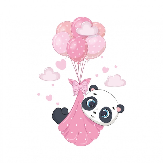 Cute baby panda in diapers on the balloons