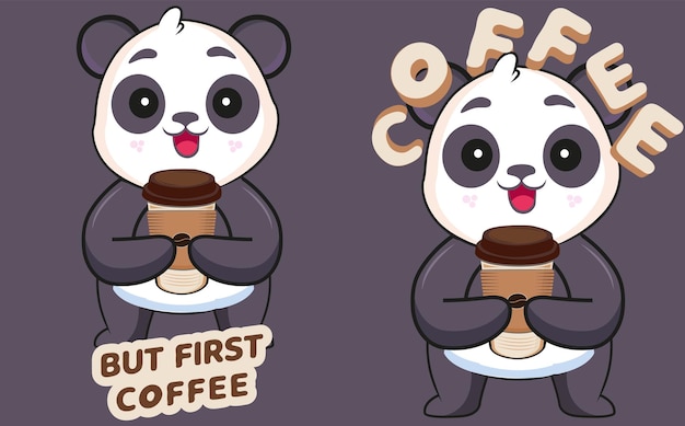 Vettore cute baby panda bere caffè fumetto illustrazione vettoriale per tshirt, poster, tazza, tote bag.