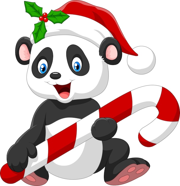 Cute baby panda holding christmas candy