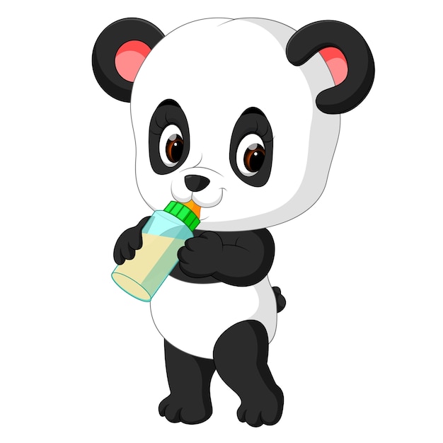 Cute baby panda holding milk bottle